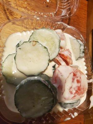 Cucumber salad full of ranch dressing. Wowww it's more salad dressing than veggies. Not attractive. Very bad presentation. 05-11 -22