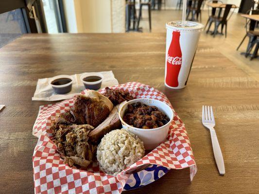 Sampler plate - chicken, baby back rib, shredded beef, shredded pork, homemade chili and brown rice.