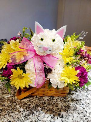 "FABULOUS FELINE" basket of flowers with a cat made from carnations!