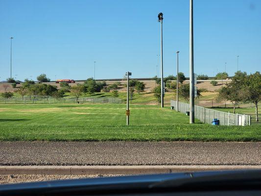 Big dog area to the right. Small dog area towards the back.