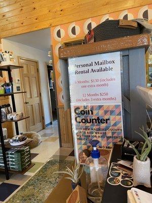 Personal Mailboxes and Coin counting services!