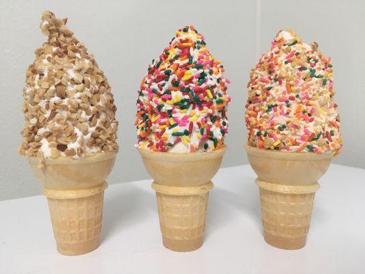 Try a soft serve cone with nuts, sprinkles or our candy crunch!!