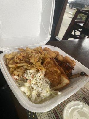 Waffle fries with cheese & bacon bits coleslaw, garlic bread ribs & shrimps!