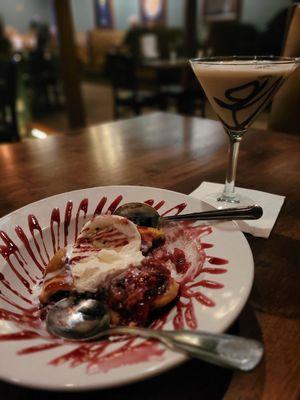 Warmed, berry filled pastry with vanilla ice cream and a chocolate martini
