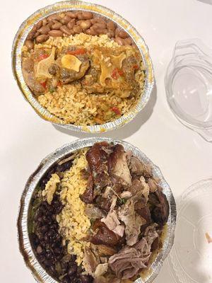 Top: Rabo Guisado (oxtail) with yellow rice and red beans Bottom: Pernil with yellow rice and black beans