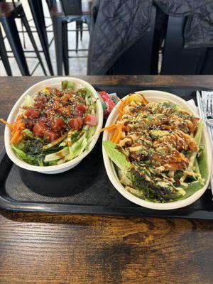 Salmon and tuna bowl. Shrimp tempura bowl.