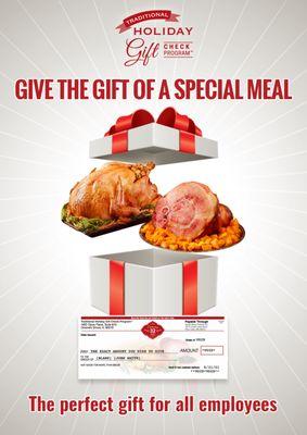 Give a festive gift for of a Thanksgiving turkey, holiday ham, and festive foods. Perfect holiday gift for employees & customers!