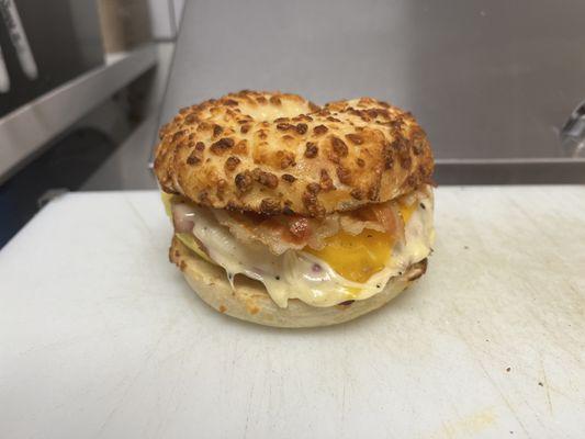 Another stacked breakfast sandwich on Asiago bagel