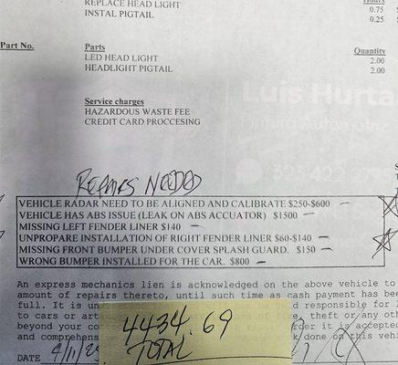 Repairs estimate for damage done by ground zero garage