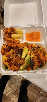 Jollof Rice with plantain, avaco and