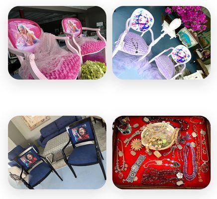 Specialty Chairs repurposed with new fabric. Sensational for Birthdays and Holidays