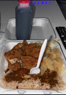 Fried Chicken, Cabbage , Rice and Peas , hibiscus tea