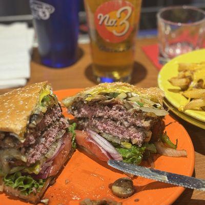 Monster burger (mushroom bacon swiss), double down, morning after (egg on top), with chili cheese fries, & a 20oz kölsch.