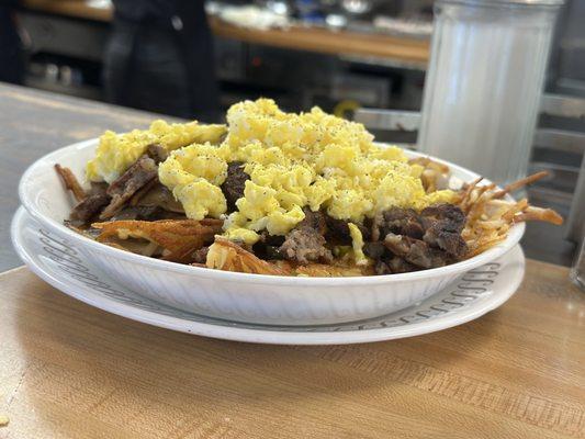 Sausage, egg, and cheese hashbrown bowl