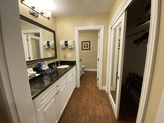 Bathroom with separate shower and door for privacy, and two separate sinks (nice touch)