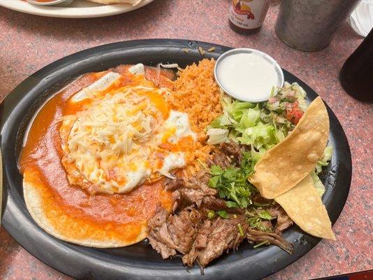 Huevos Ranchero Plate with carnitas