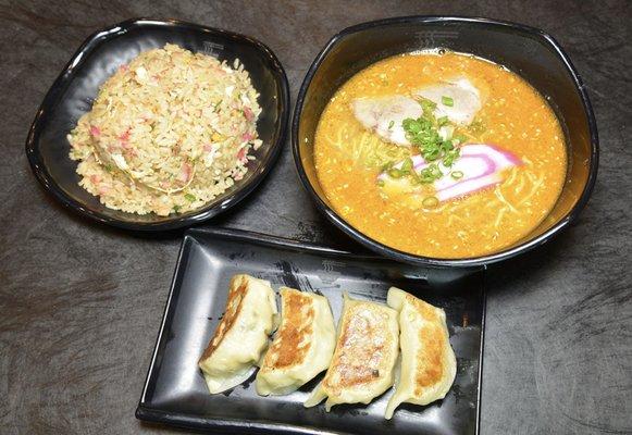 Mini Tan Tan ramen with gyoza and fried rice is a perfect way to try our restaurant for the first time.