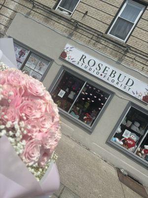 The outside of rosebud florist and my first arrangement/purchase