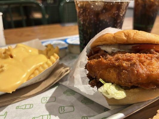 Yummy chicken sandwich and cheese fries