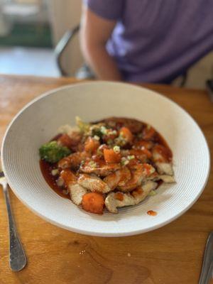 Pineapple chicken over rice