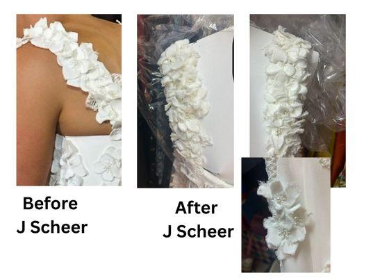 This shows the damage that was done to the dress when J Scheer cleaned it that they will not fix, despite their "guarantee".