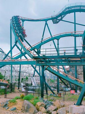 A train plunges down the 90ft drop on its way to the vertical loop!