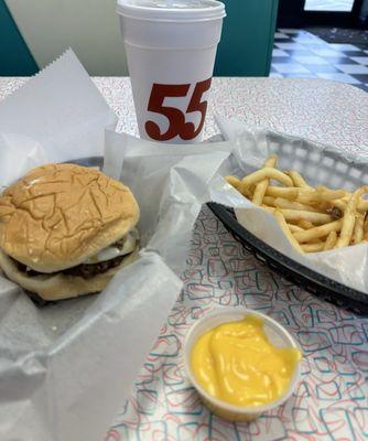 Build your own burger combo with a side of nacho cheese