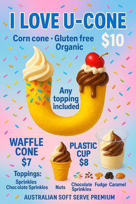 Build your I LOVE U CONE, get a classic WAFFLE cone or a PLASTIC 8oz Cup and any toppings.