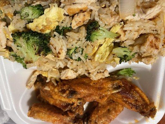 Honey hot wings all flat crispy with chicken fried rice no peas and carrots