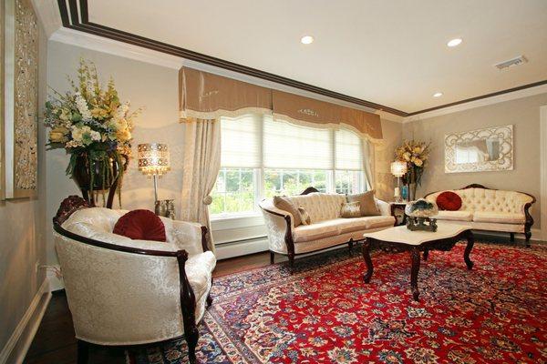 Custom window treatments in living room in Piscataway, NJ