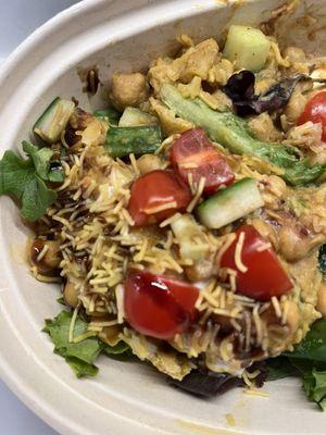 Samosa Salad: smashed samosas on a bed of chickpeas and greens. Delicious!