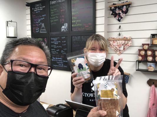Picking up chicken treats for my girls. That's Owner and baker Michelle.