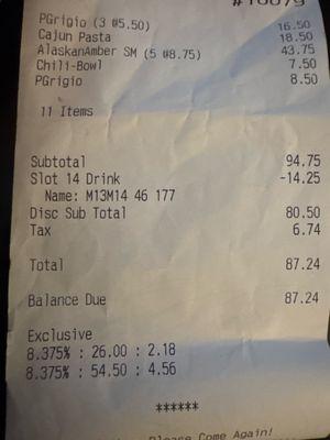 2 people happy hour domestic beers rang and well wines and bar food!