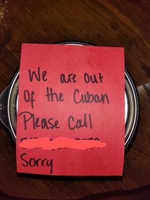 The note we got instead of the food my roommate ordered. Could've called, could've texted, but nope, they still charged us and sent a note.