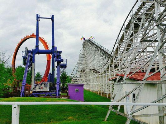 Wild One's lift hill and return jaunt, pictured here with the Bourbon Street Fireball (a Larson superloop, at left)