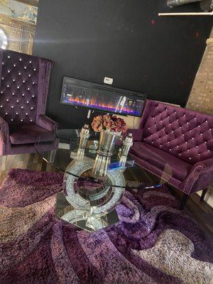 Velvet purple, diamond sofa, chair, diamond dining room, set fireplace and rug