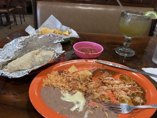 1 steak taco, chicken enchiladas, Texas margaritas, chips and salsa! Delicious