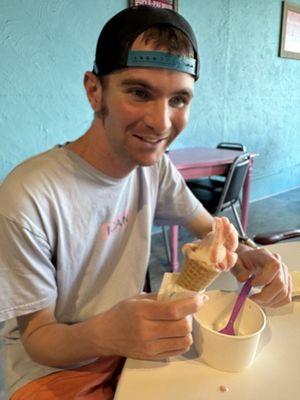 Raspberry sorbet with gluten free cone