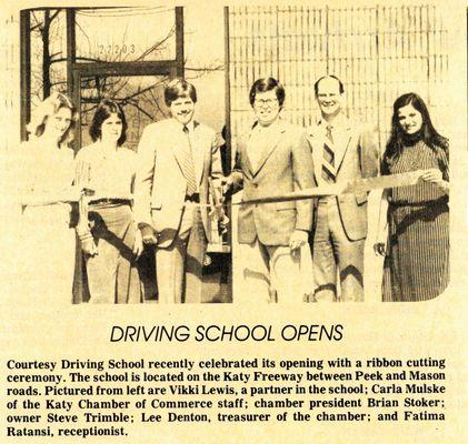 Victoria Lewis and Steven Trimble, co-founders and owners of Courtesy Driving School, Inc. showing grand opening in Katy, Texas April 1984.