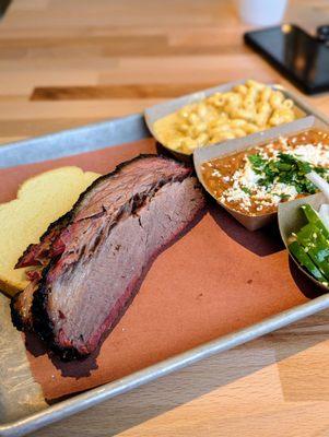 1 meat plate (1/3 lb of brisket) with mac and cheese and beans.