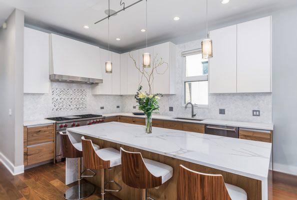 Contemporary Kitchen in Matte White and Reclaimed Wood