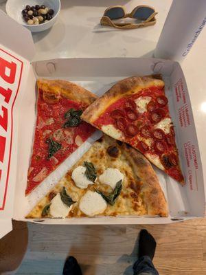 (clockwise) Pepperoni, white, and red sauce with garlic