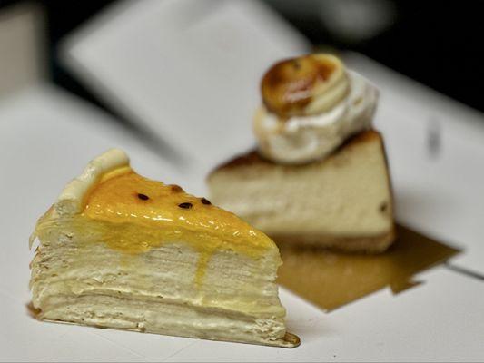 Passion Fruit Mille Crepe Cake & Bourbon Brûlée Basque Cheesecake