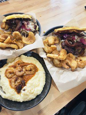 Burger with flapjacks "buns", and Shrimp with cheesy grits