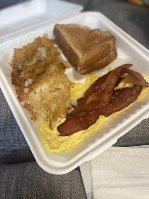 Big Breakfast! Scrambled eggs, bacon, well-done home fries, wheat toast butter and jelly. Yum!