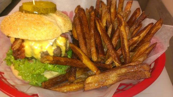 Burger with had cut fries