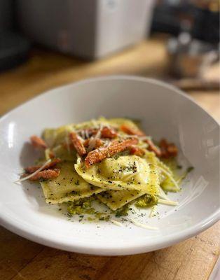 Braised rabbit pot pie ravioli