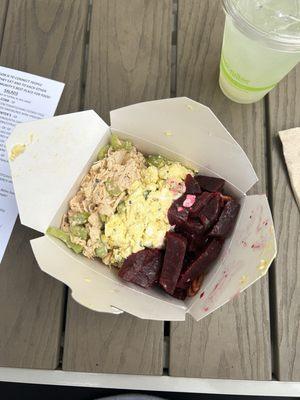 From left to right: Chicken salad, egg salad, and beet salad. This is the 2 protein 1 side combo meal