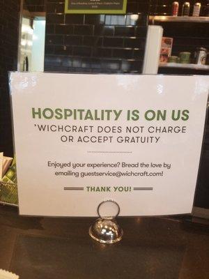 No more tip jars, just a sign that reads: "'wichcraft does not accept gratuity." I doubt this decision included a raise for employees...