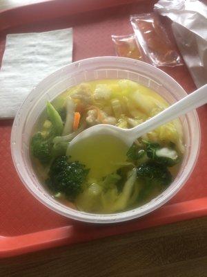 Vegetable bean curd soup ($1 added chicken and a pork egg roll in the corner)